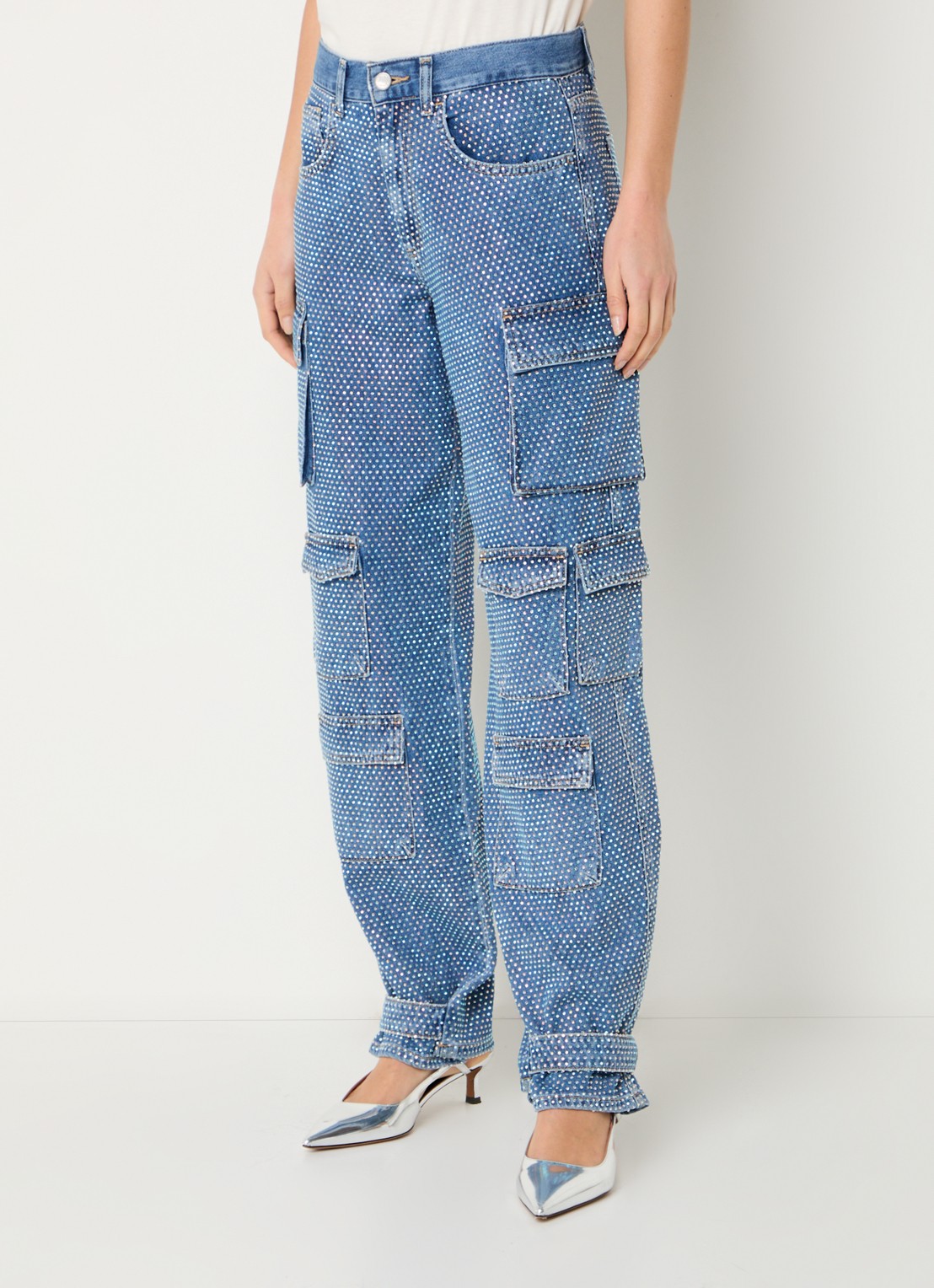 Liu Jo High waist wide fit cargobroek van denim met strass - detail 4 indigo