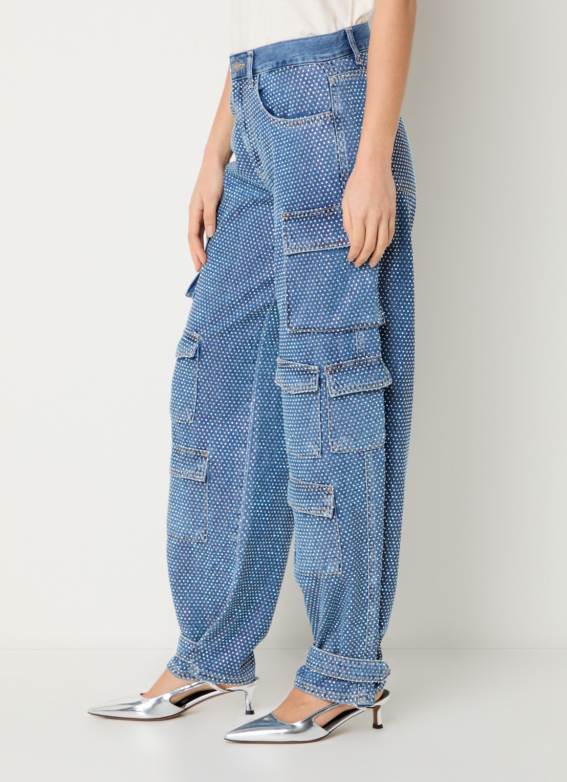 Liu Jo High waist wide fit cargobroek van denim met strass - detail 5 indigo