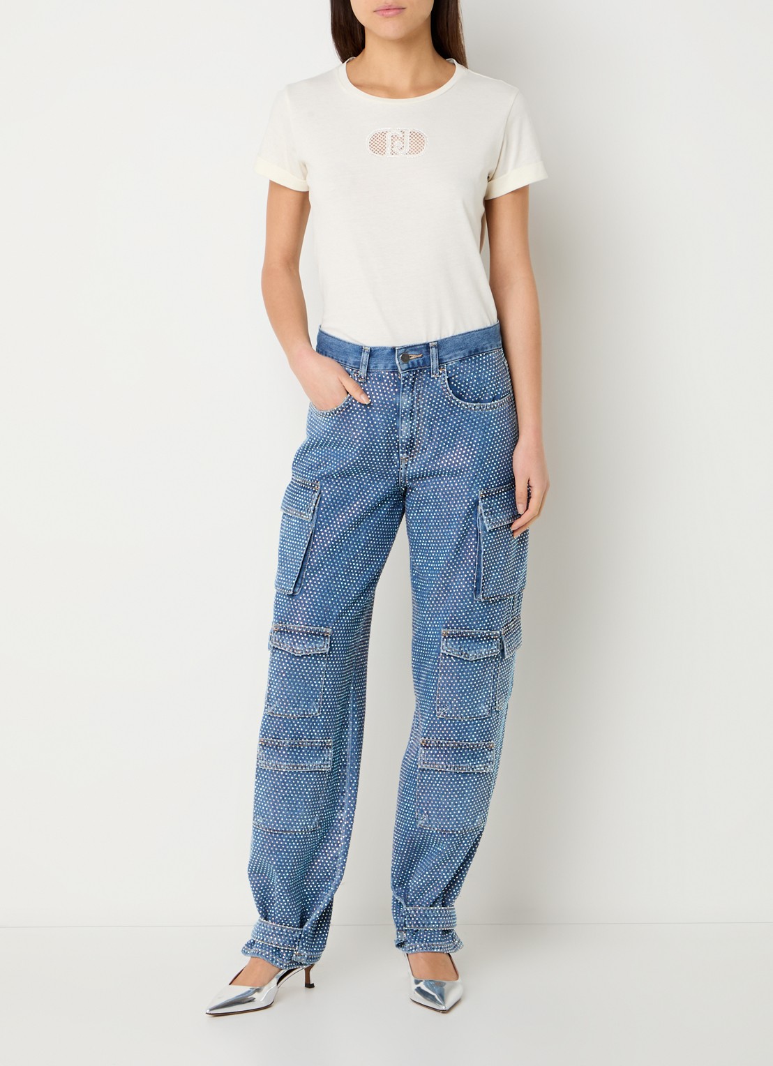 Liu Jo High waist wide fit cargobroek van denim met strass - voorkant 3 indigo