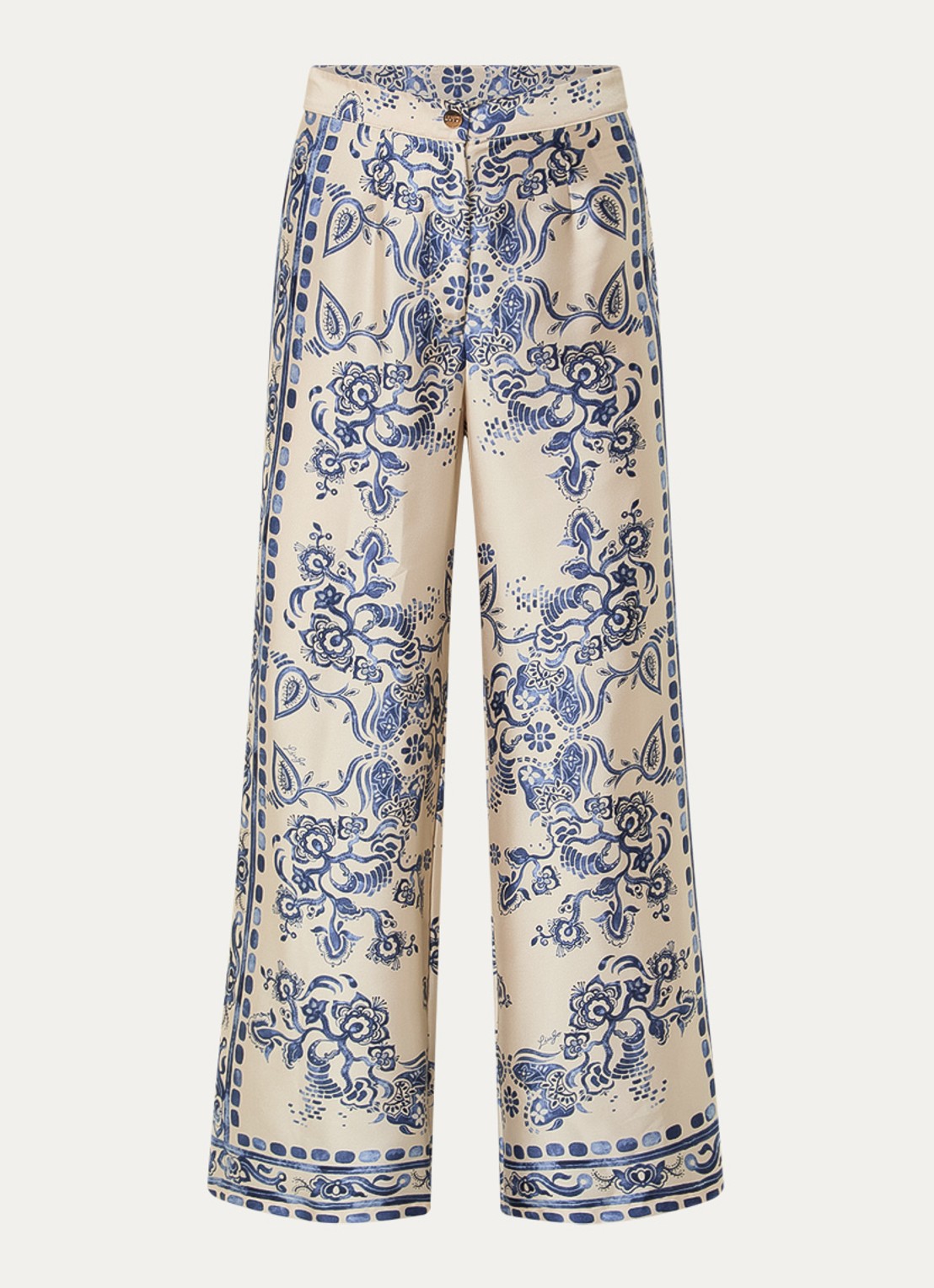 Liu Jo High waist wide fit palazzobroek van satijn met bloemenprint - voorkant 2 beige