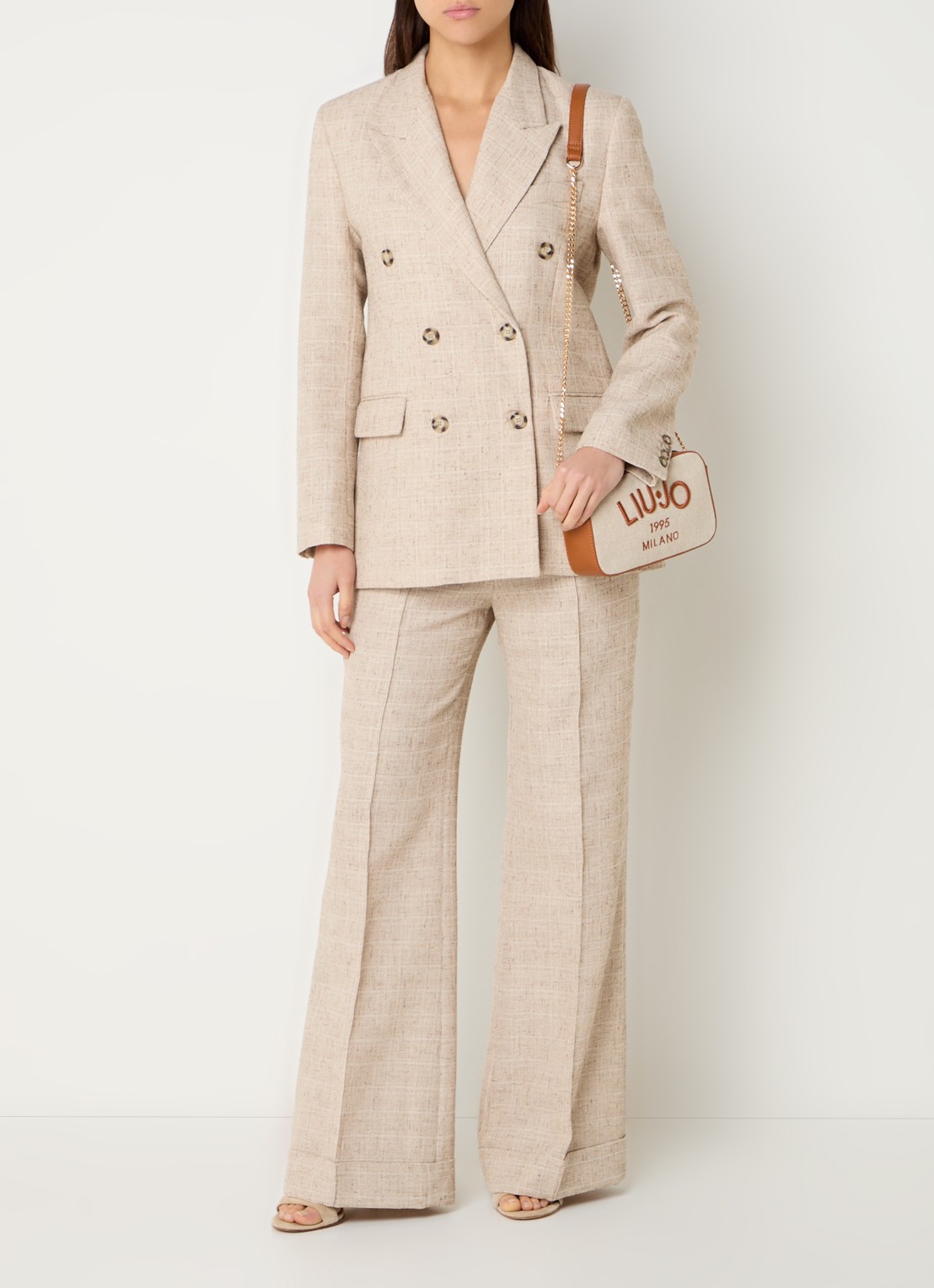 Liu Jo High waist wide fit pantalon met gemêleerd dessin - voorkant 4 beige