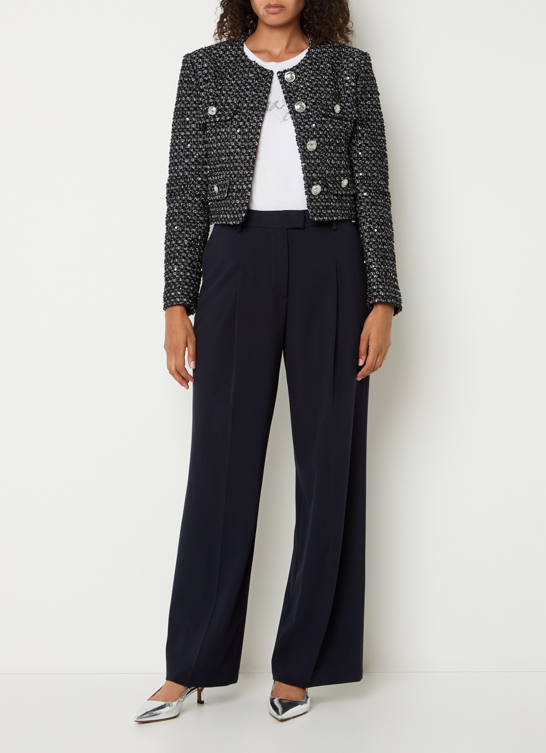 Liu Jo High waist wide fit pantalon met plooidetail - voorkant 3 donkerblauw