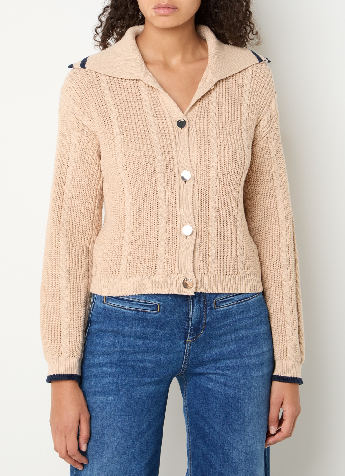 Liu Jo Kabelgebreid vest met V-hals - detail camel