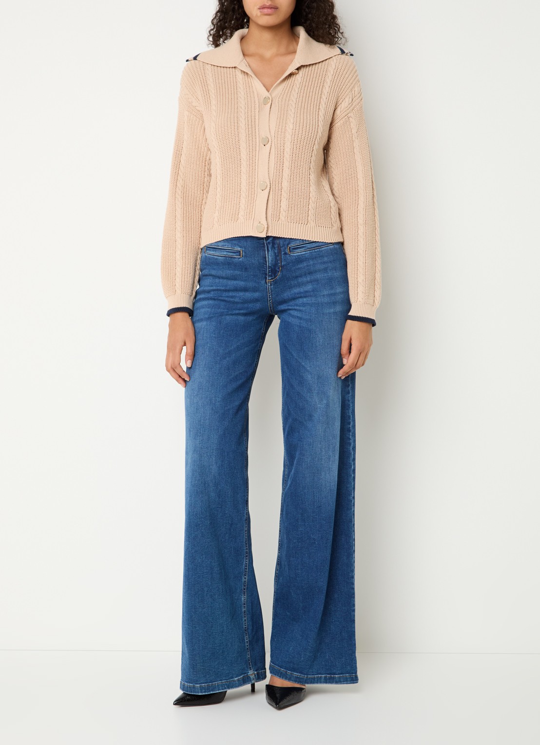 Liu Jo Kabelgebreid vest met V-hals - voorkant 4 camel