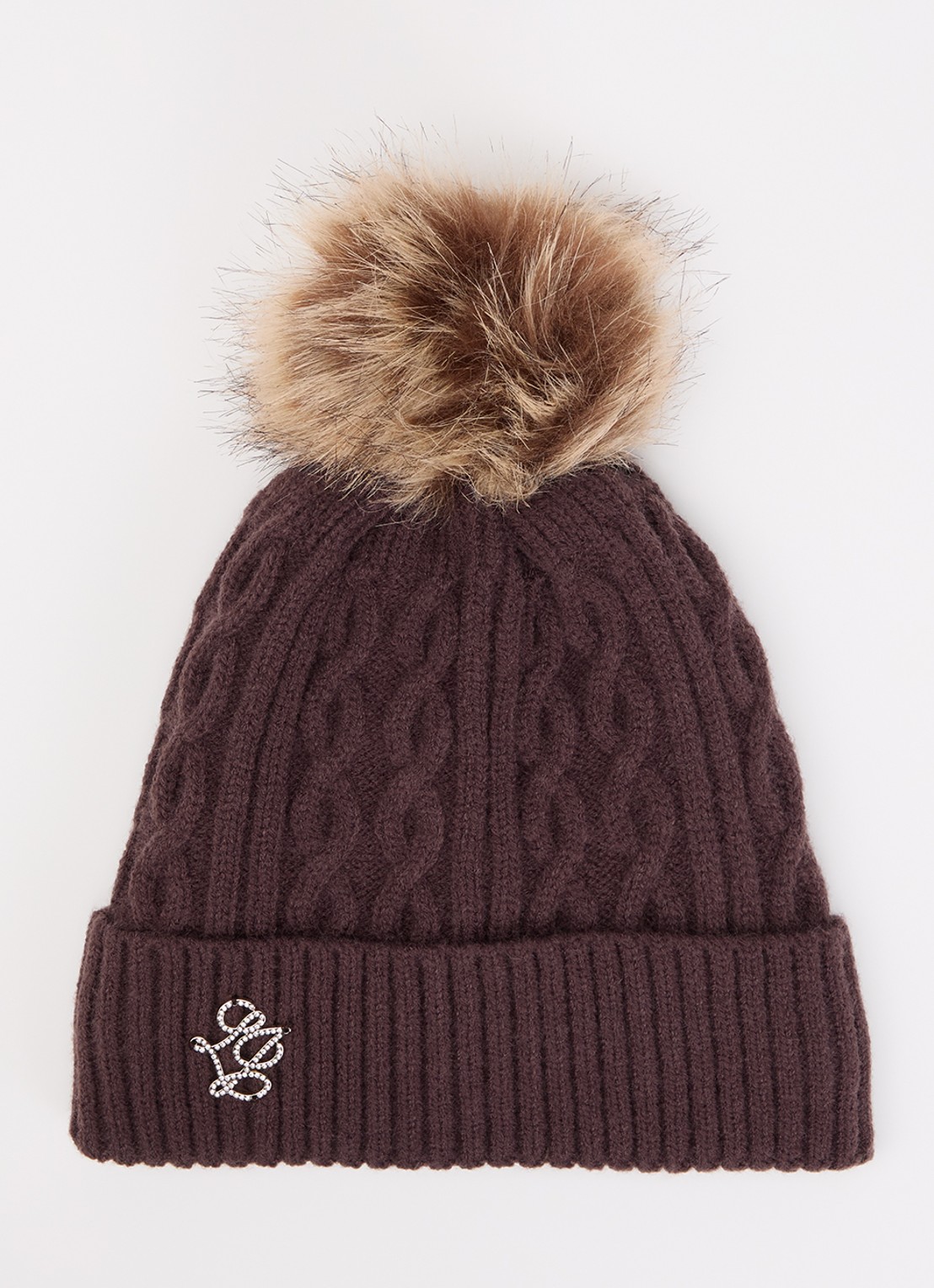 Liu Jo Kabelgebreide muts met fleece en logo - voorkant donkerbruin
