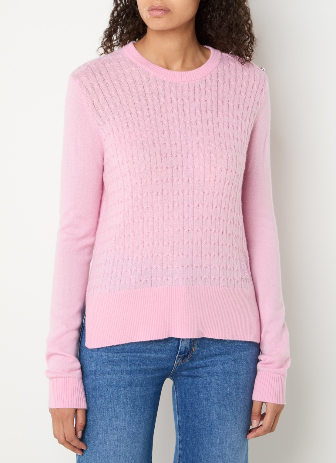 Liu Jo Kabelgebreide pullover in wolblend - detail lichtroze