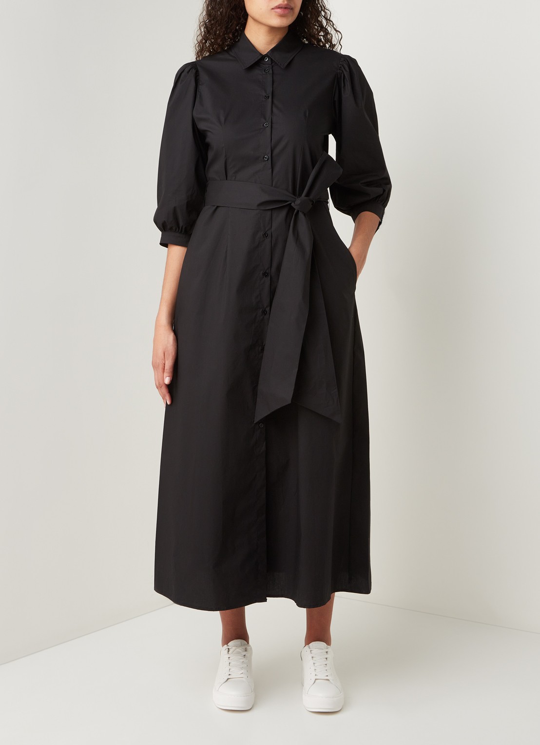 Liu Jo Maxi blousejurk met pofmouw en strikceintuur - voorkant 3 zwart