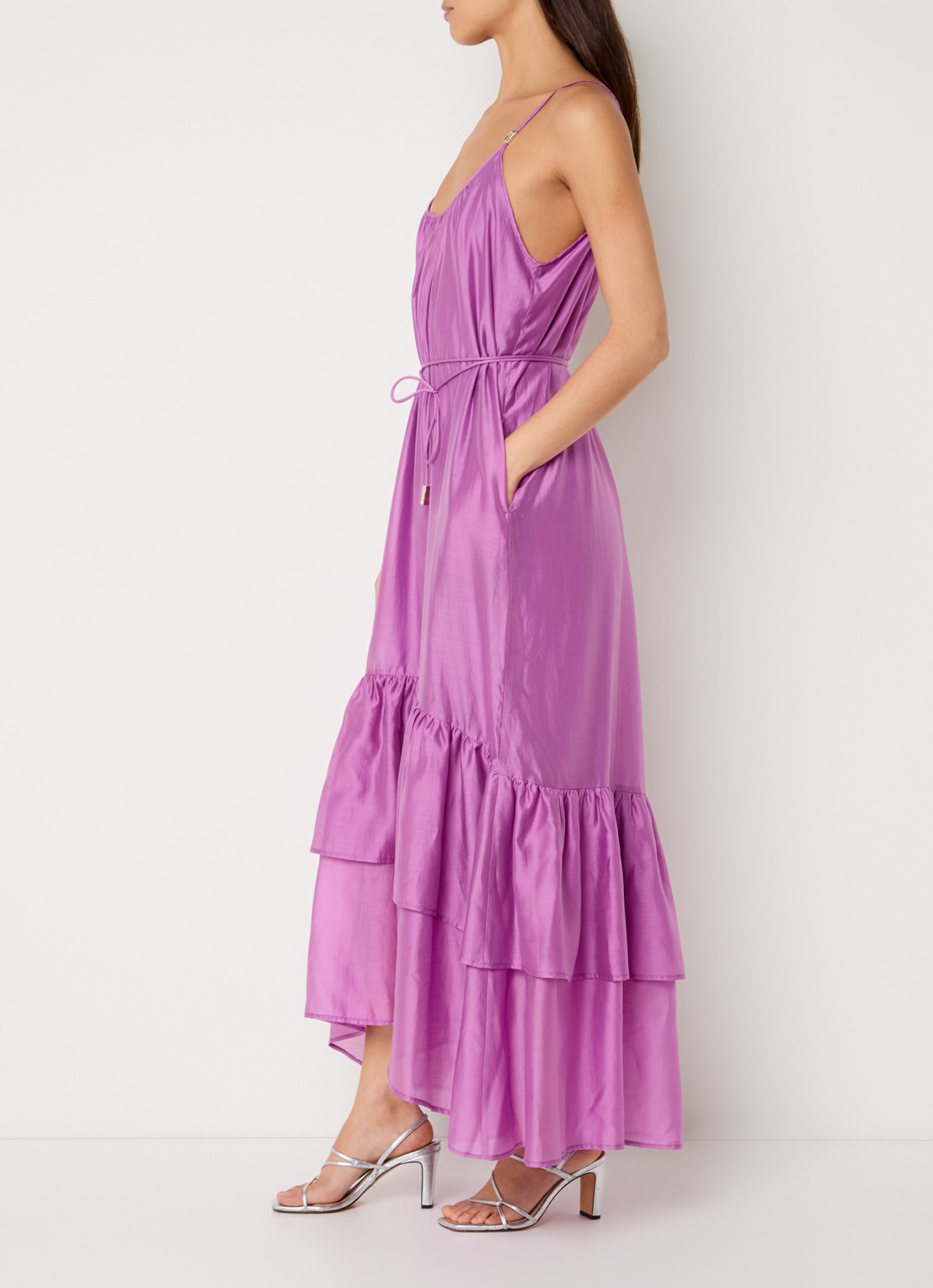 Liu Jo Maxi jurk  met strikceintuur en volant - voorkant 2 roze
