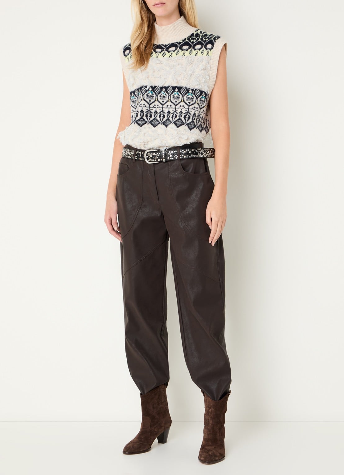 Liu Jo Mid waist straight fit broek van imitatieleer - voorkant 5 donkerbruin