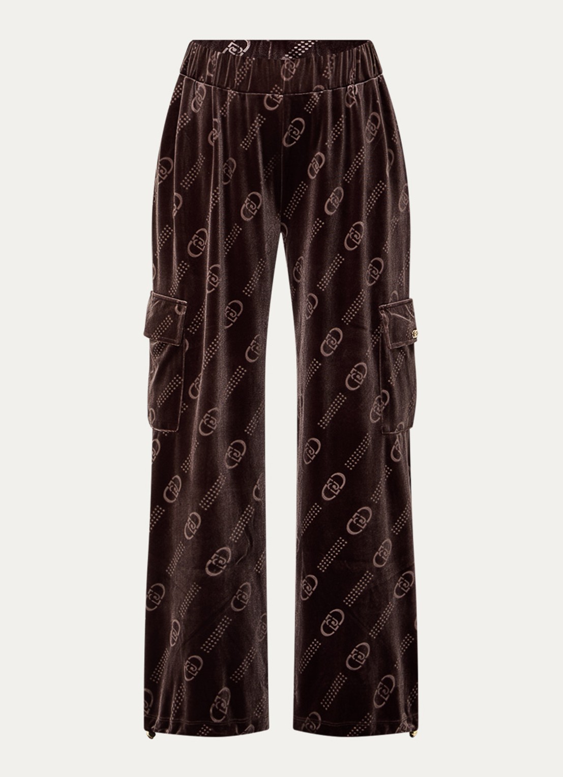 Liu Jo Mid waist tapered fit broek van fluweel met logoprint - voorkant 2 chocoladebruin