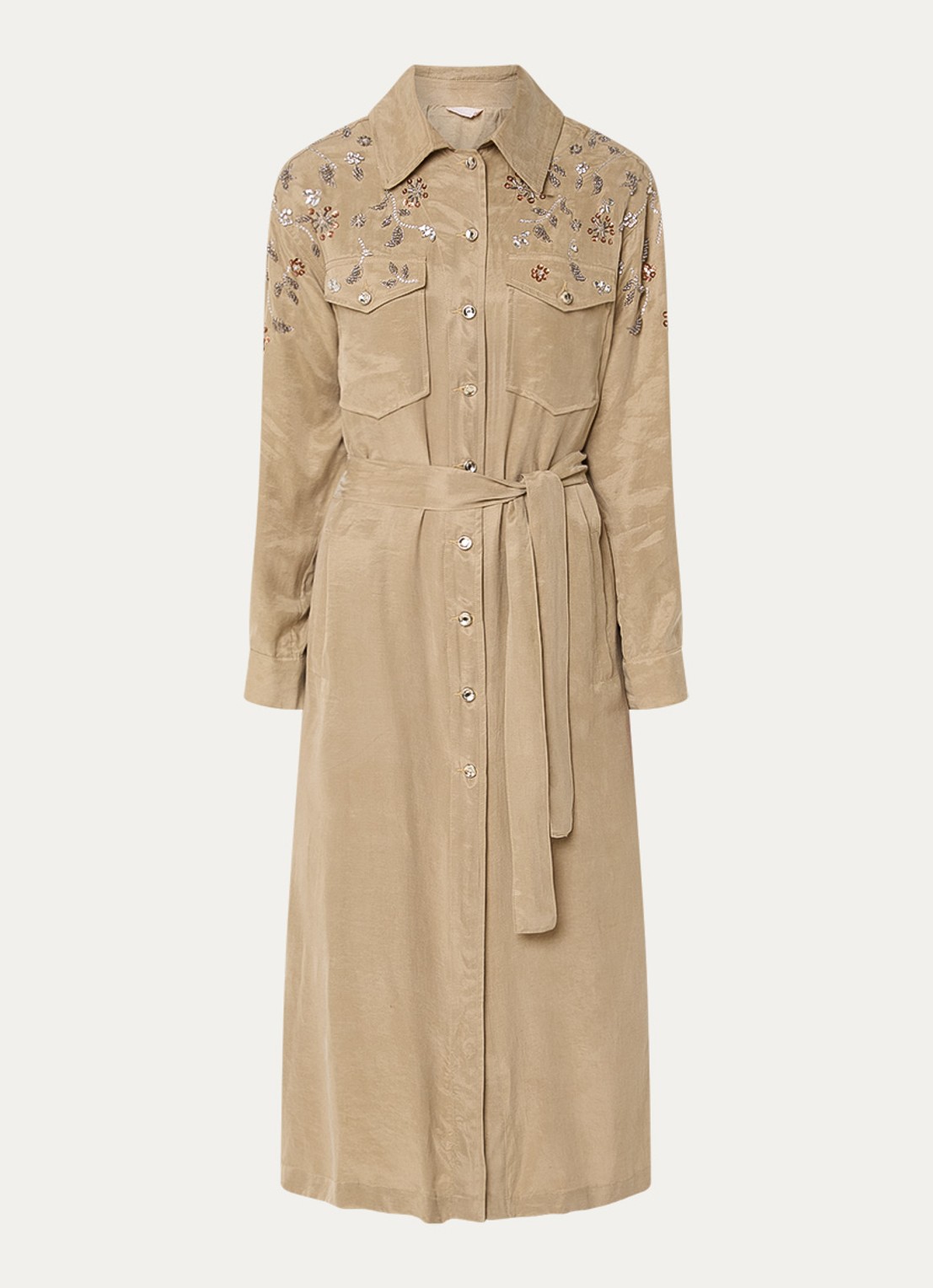 Liu Jo Midi blousejurk  met strass en borstzakken - voorkant 2 zand