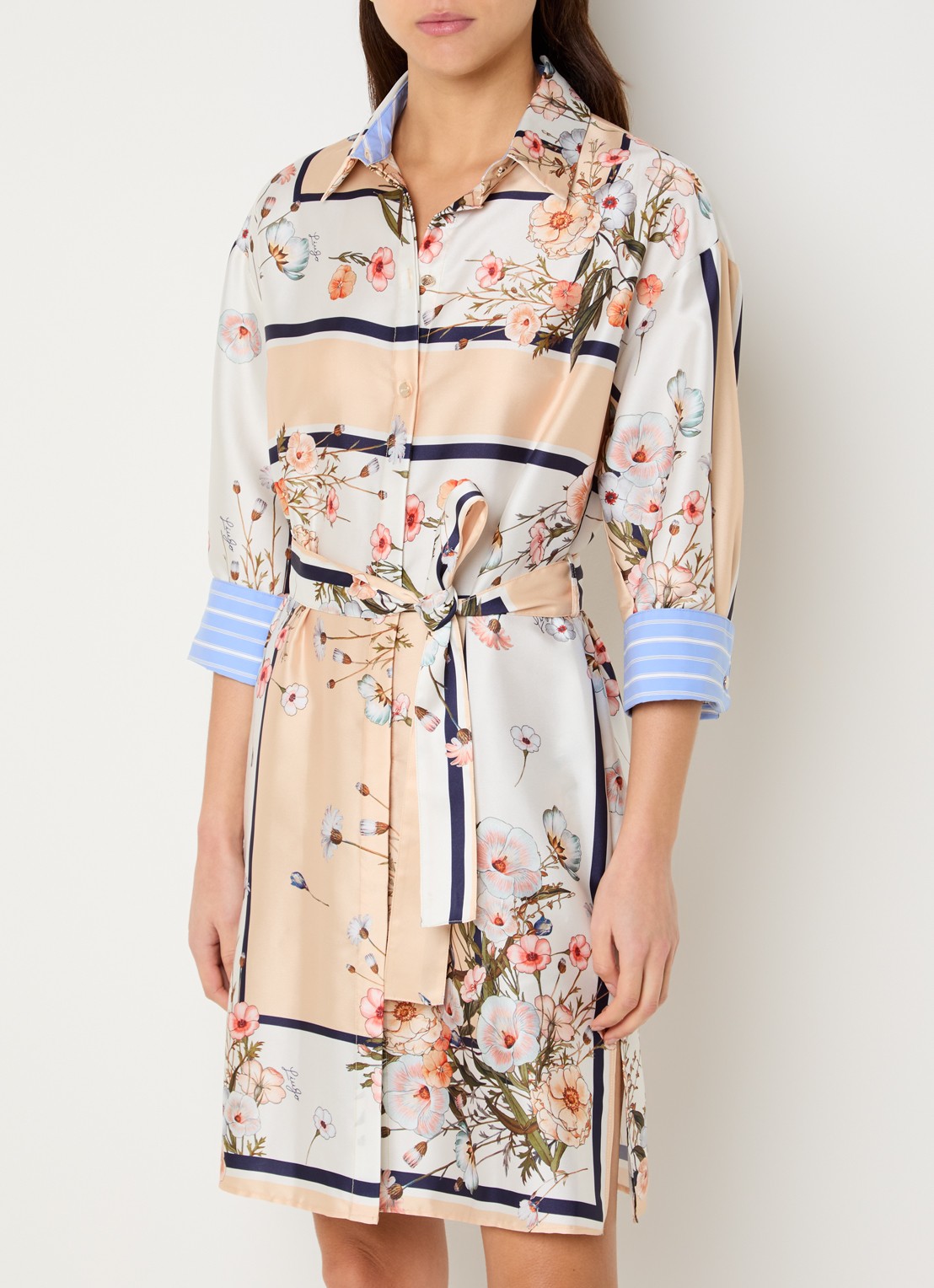 Liu Jo Mini blousejurk van satijn met print en strikceintuur - detail 3 beige