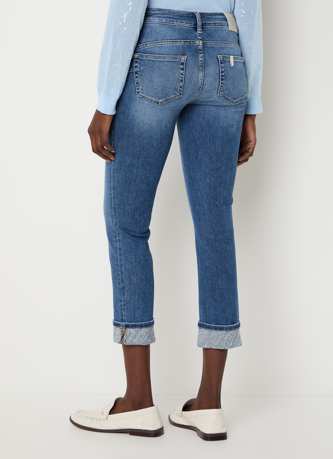 Liu Jo Monroe mid waist cropped slim fit jeans met strass - achterkant 5 indigo