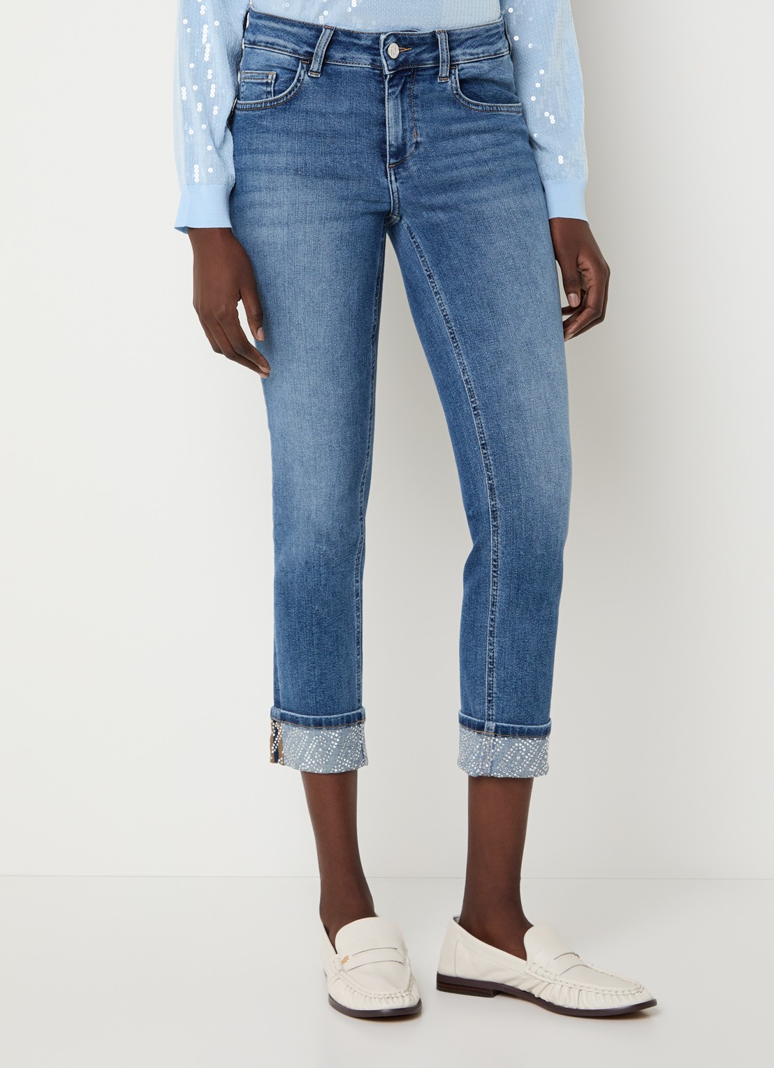Liu Jo Monroe mid waist cropped slim fit jeans met strass - detail indigo