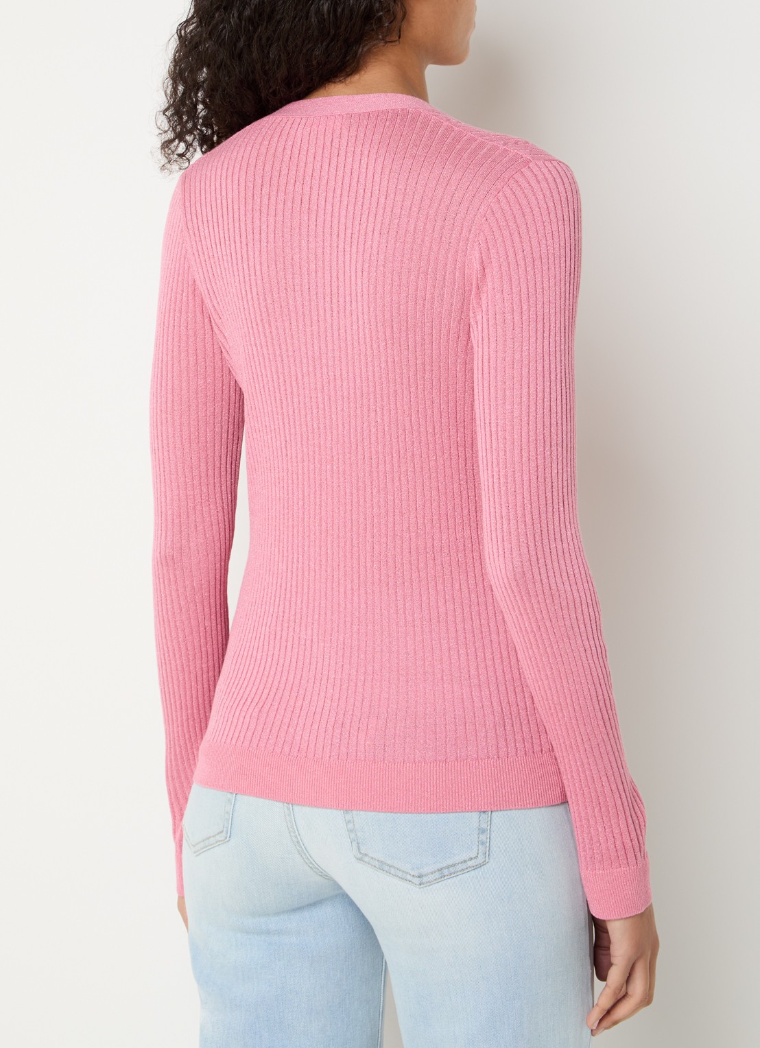 Liu Jo Ribgebreid vest met lurex en V-hals - achterkant koraalroze
