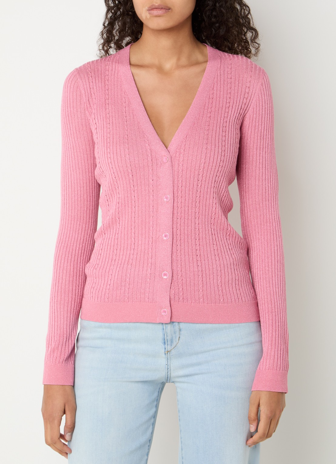 Liu Jo Ribgebreid vest met lurex en V-hals - detail 2 koraalroze