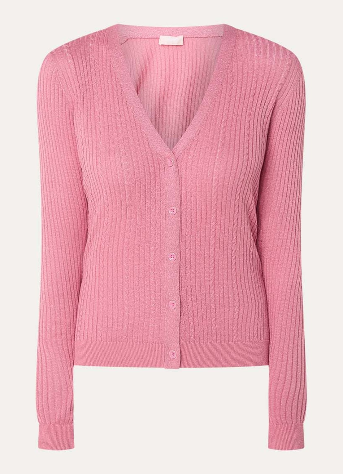 Liu Jo Ribgebreid vest met lurex en V-hals - voorkant 3 koraalroze