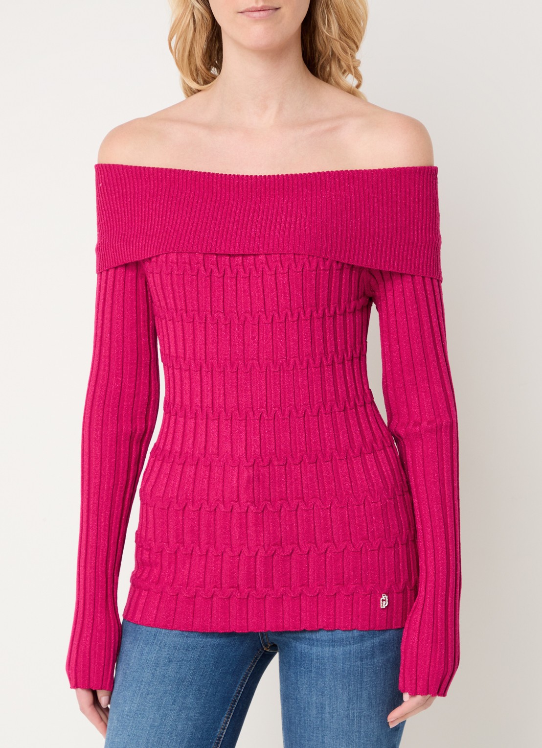 Liu Jo Ribgebreide off-shoulder trui met lurex - detail 2 cranberryrood
