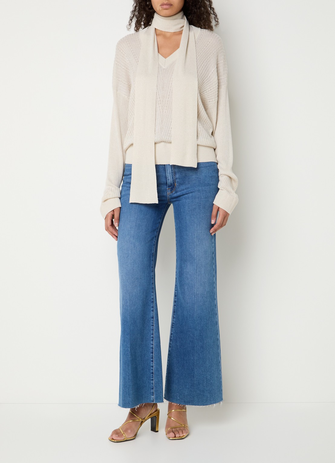 Liu Jo Ribgebreide pullover met sjaalkraag en lurex - voorkant 4 creme