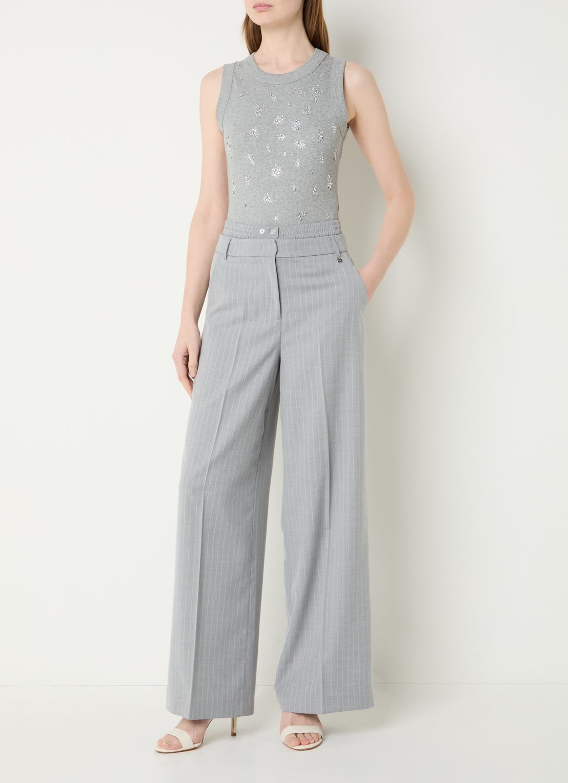 Liu Jo Ribgebreide tanktop met strass - voorkant 2 grijs