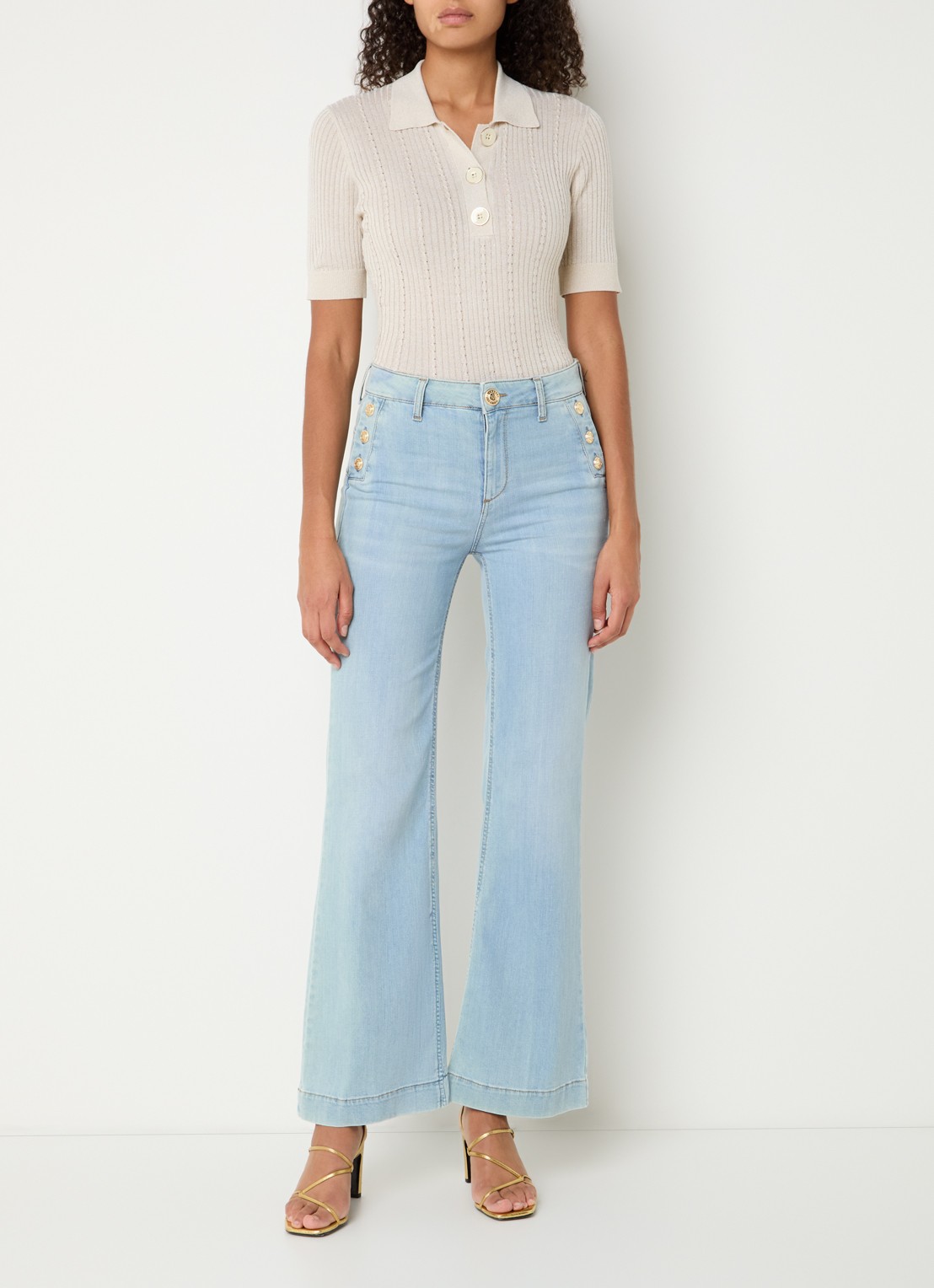 Liu Jo Ribgebreide top met polokraag en lurex - voorkant 4 creme