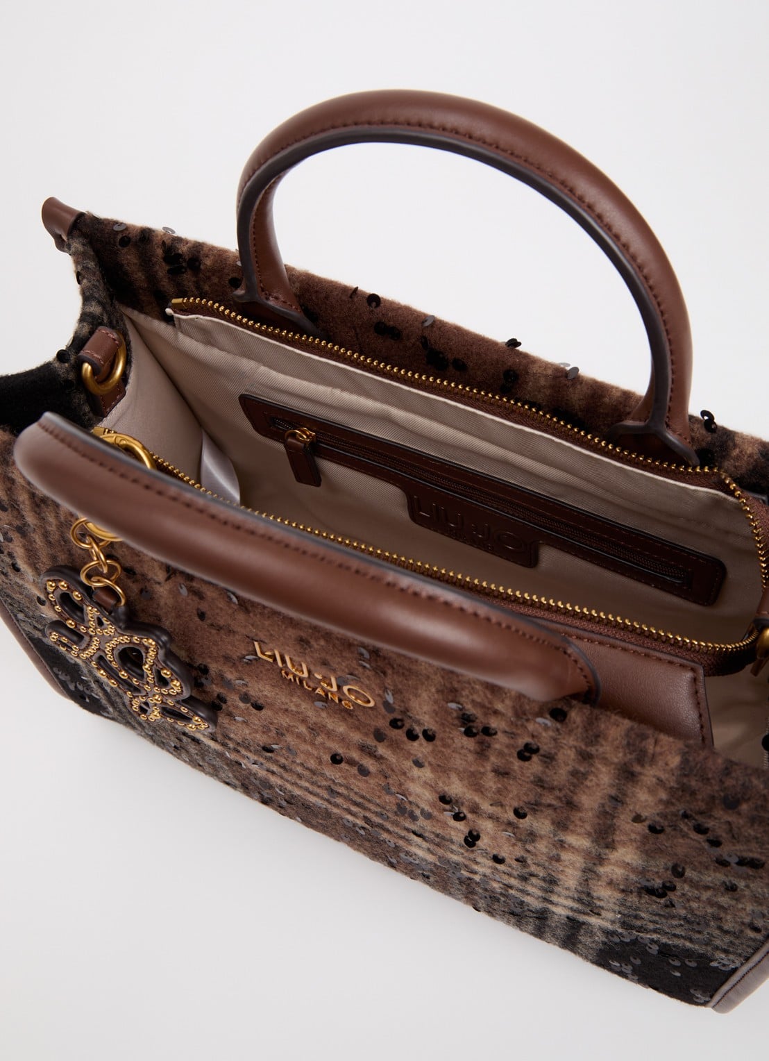 Liu Jo Ridhi Medium handtas met ruitdessin en afneembare schouderriem - detail chocoladebruin