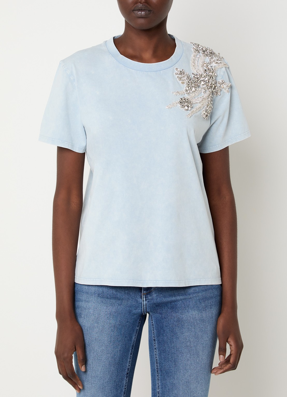 Liu Jo T-shirt met applicatie en strass - detail lichtblauw
