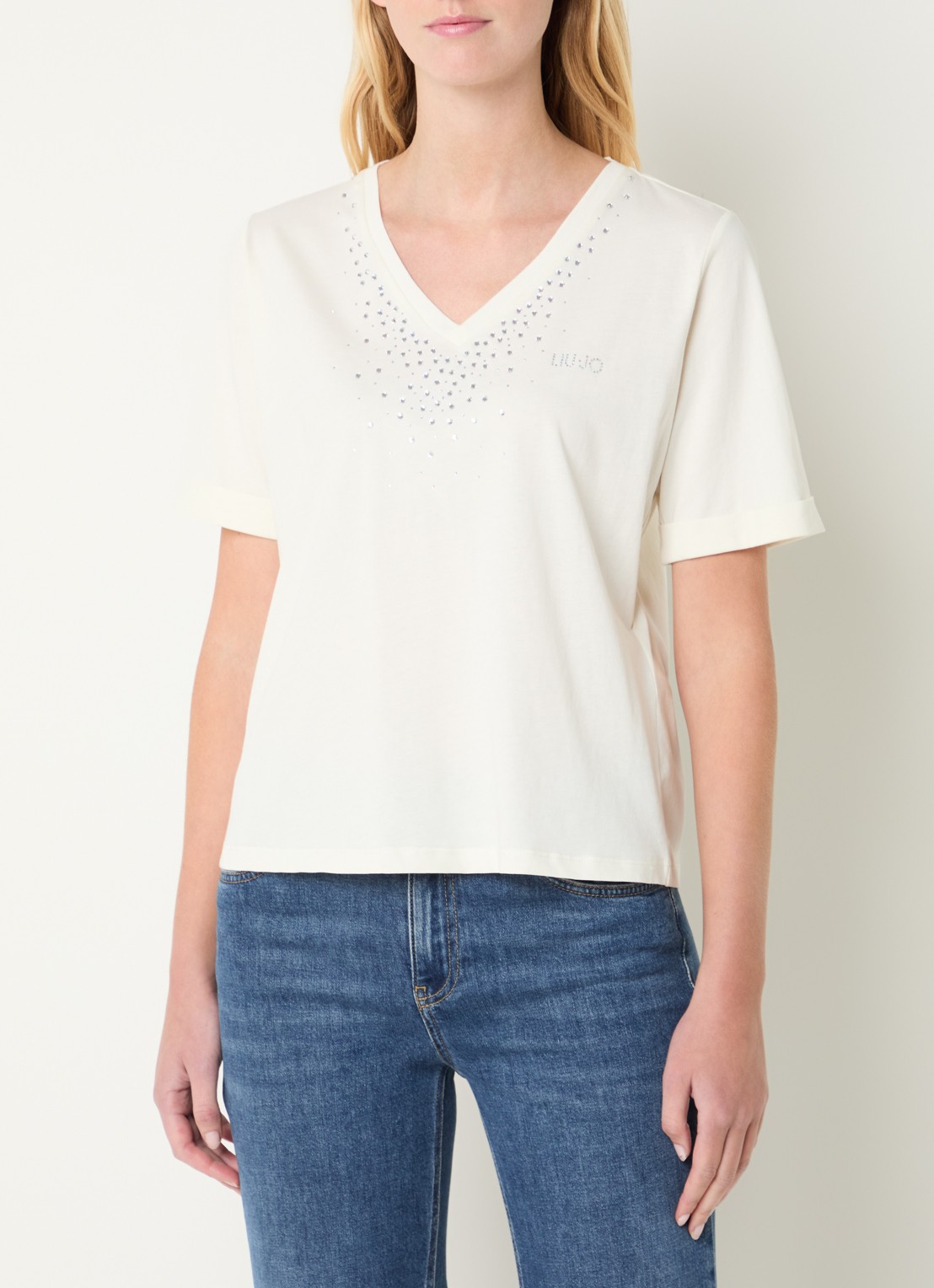 Liu Jo T-shirt met logo en strass - detail gebroken wit