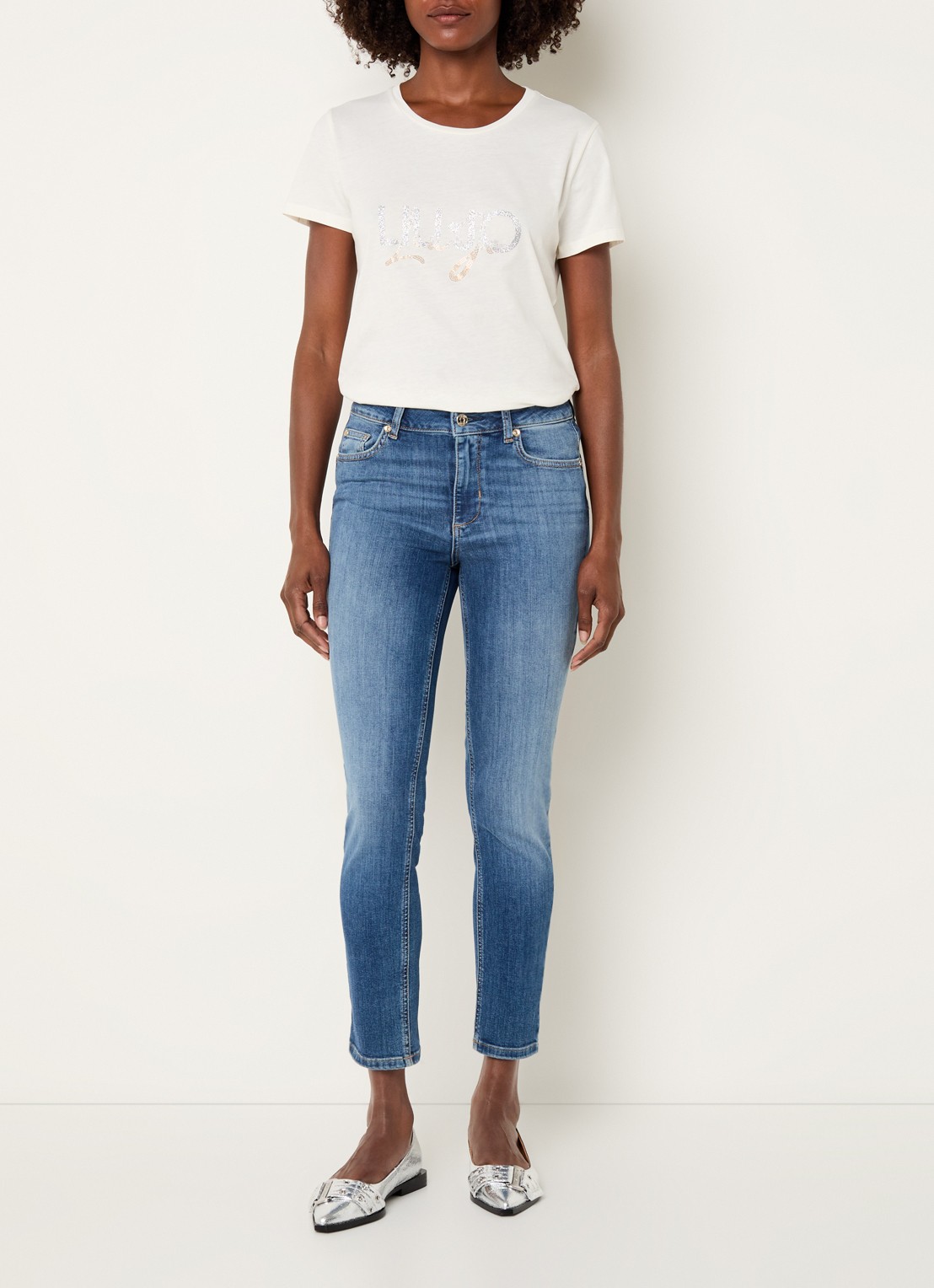 Liu Jo T-shirt met logoprint en strass - voorkant 4 gebroken wit