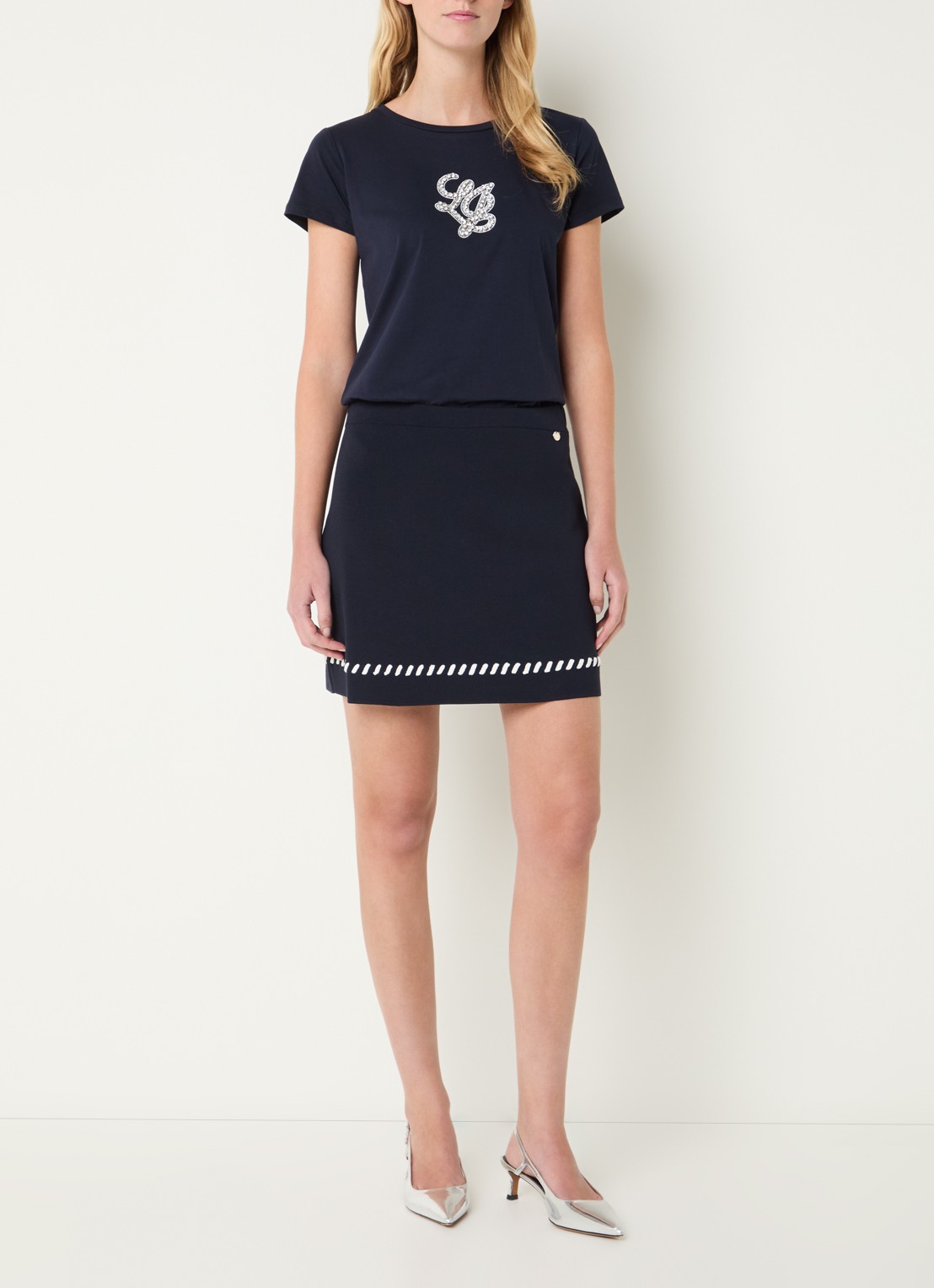 Liu Jo T-shirt met logoprint en strass - voorkant 3 donkerblauw