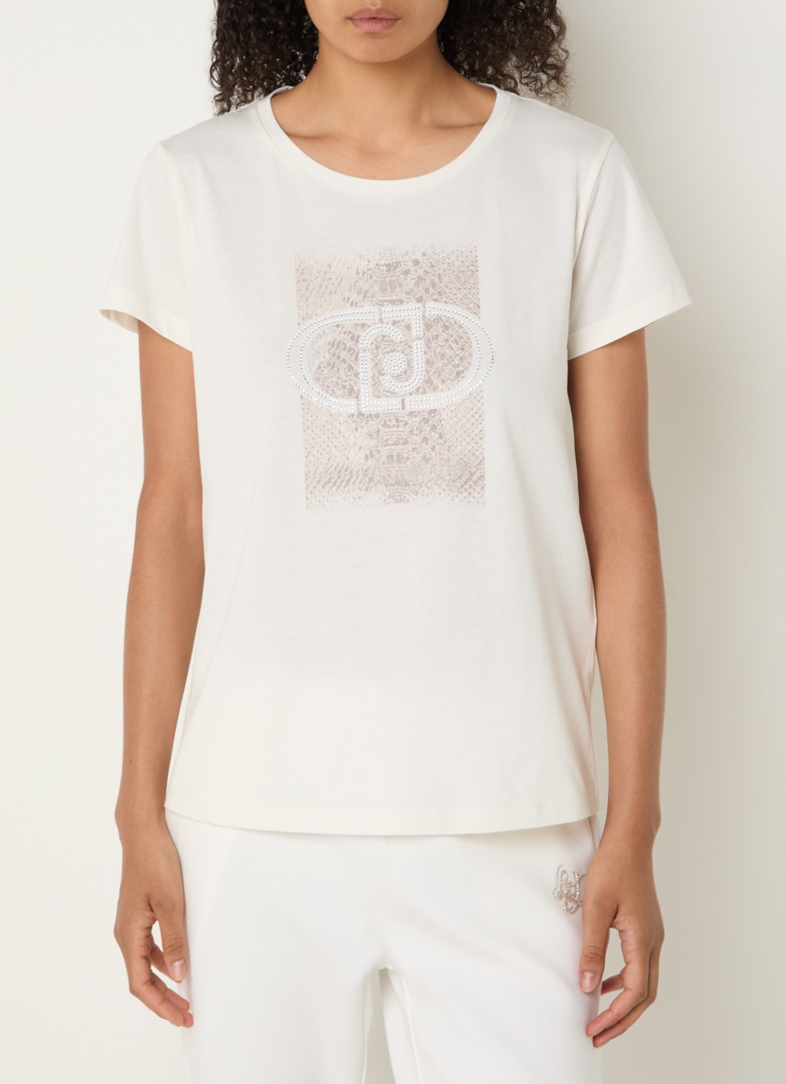 Liu Jo T-shirt met logoprint en strass - detail gebroken wit