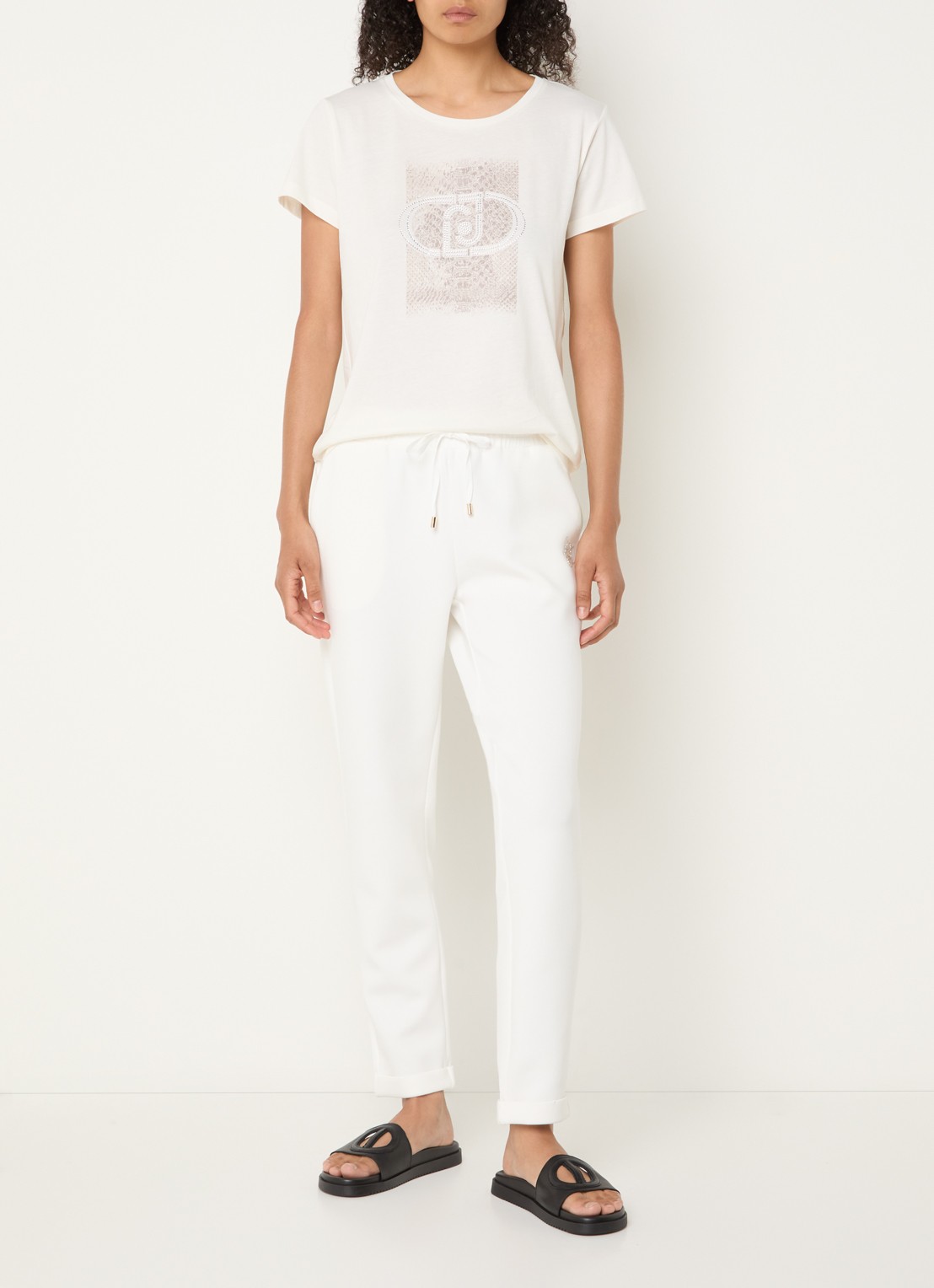 Liu Jo T-shirt met logoprint en strass - voorkant 3 gebroken wit