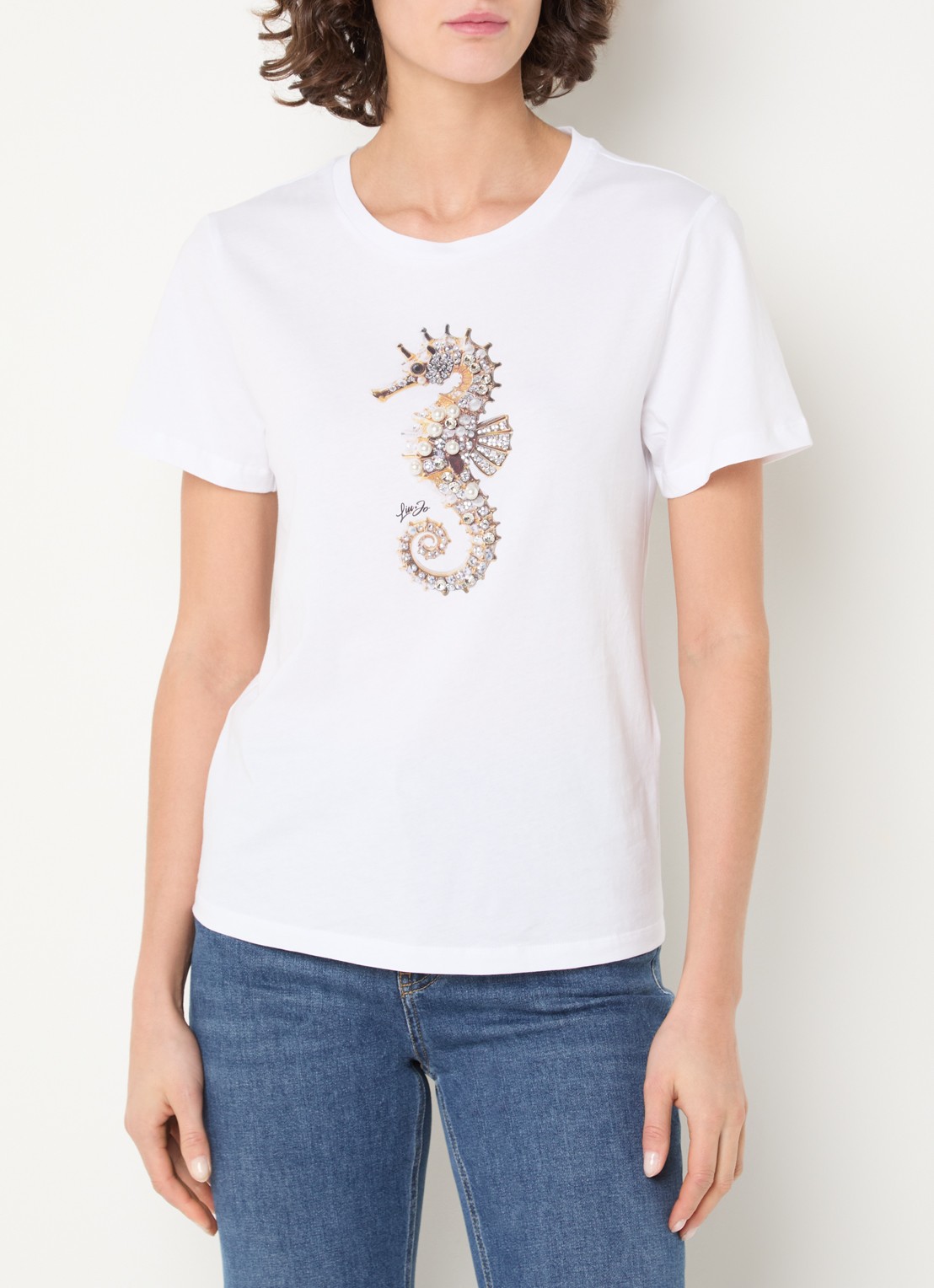 Liu Jo T-shirt met print en imitatieparels - detail wit