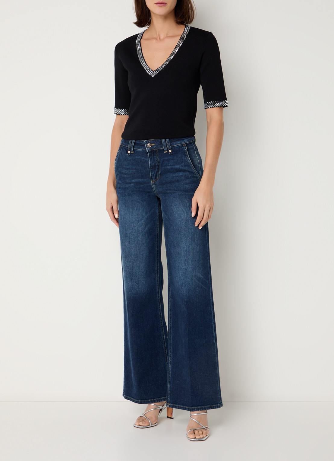 Liu Jo Top met strass en V-hals - voorkant 3 zwart