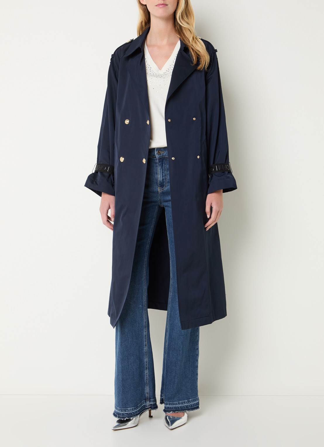 Liu Jo Trenchcoat met steekzakken en ceintuur - voorkant 2 donkerblauw