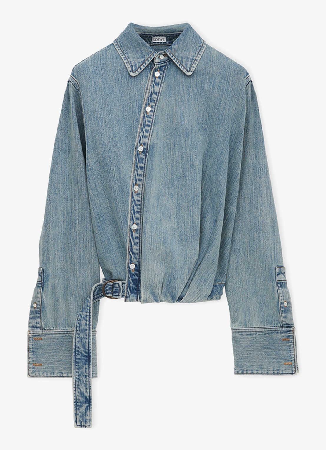 LOEWE Blouse van denim met ceintuur - voorkant indigo