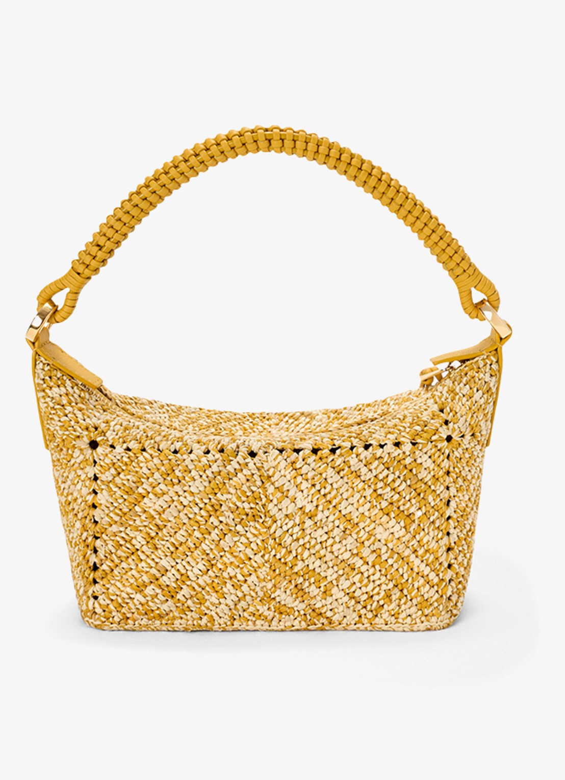 LOEWE Cala Mini handtas van raffia met kalfsleren details - achterkant 8 mosterd