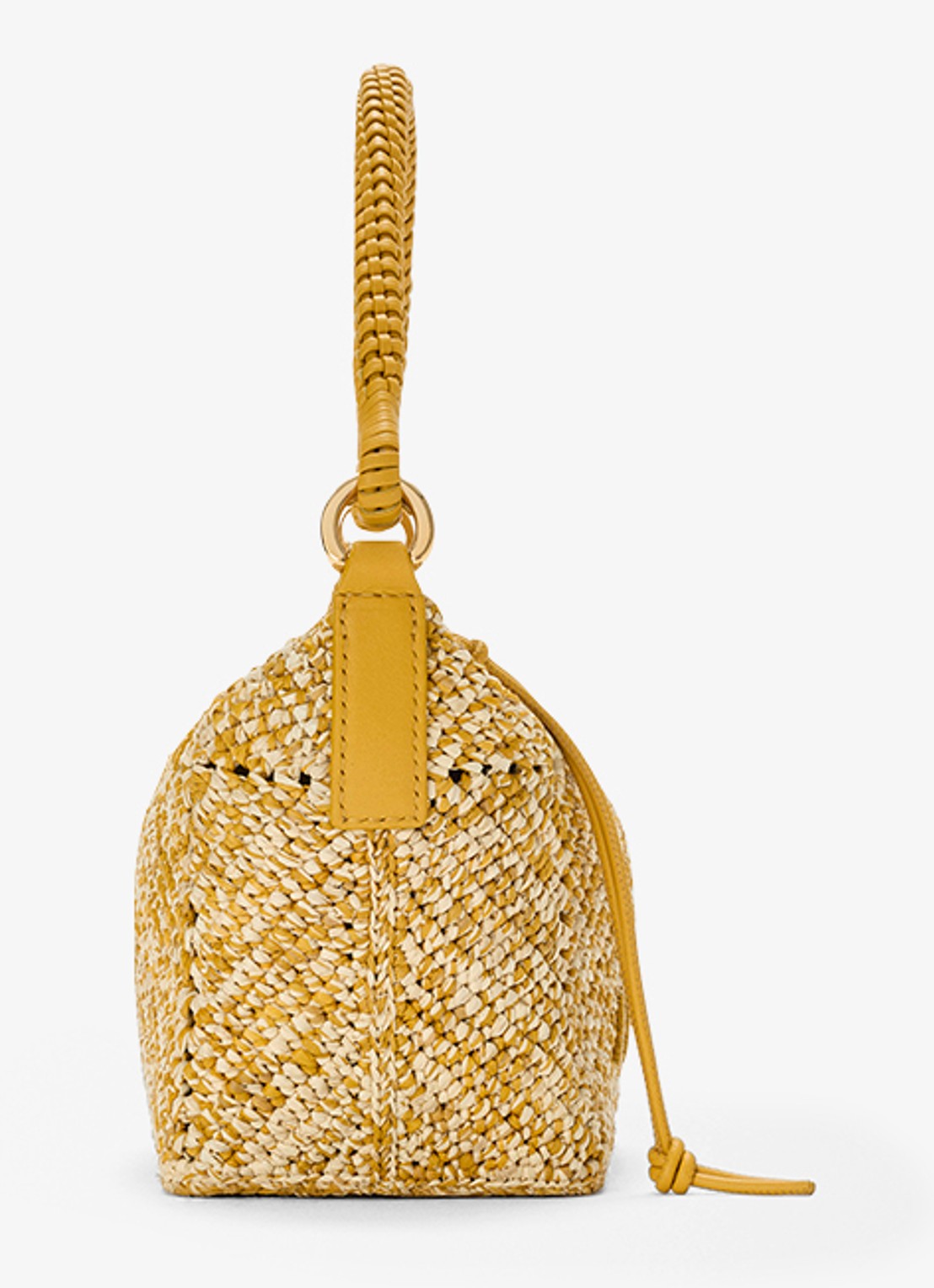 LOEWE Cala Mini handtas van raffia met kalfsleren details - detail mosterd