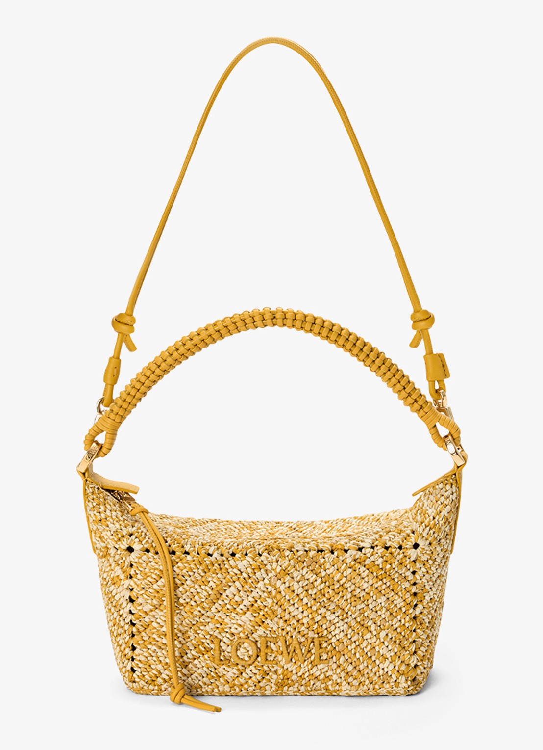 LOEWE Cala Mini handtas van raffia met kalfsleren details - detail 2 mosterd