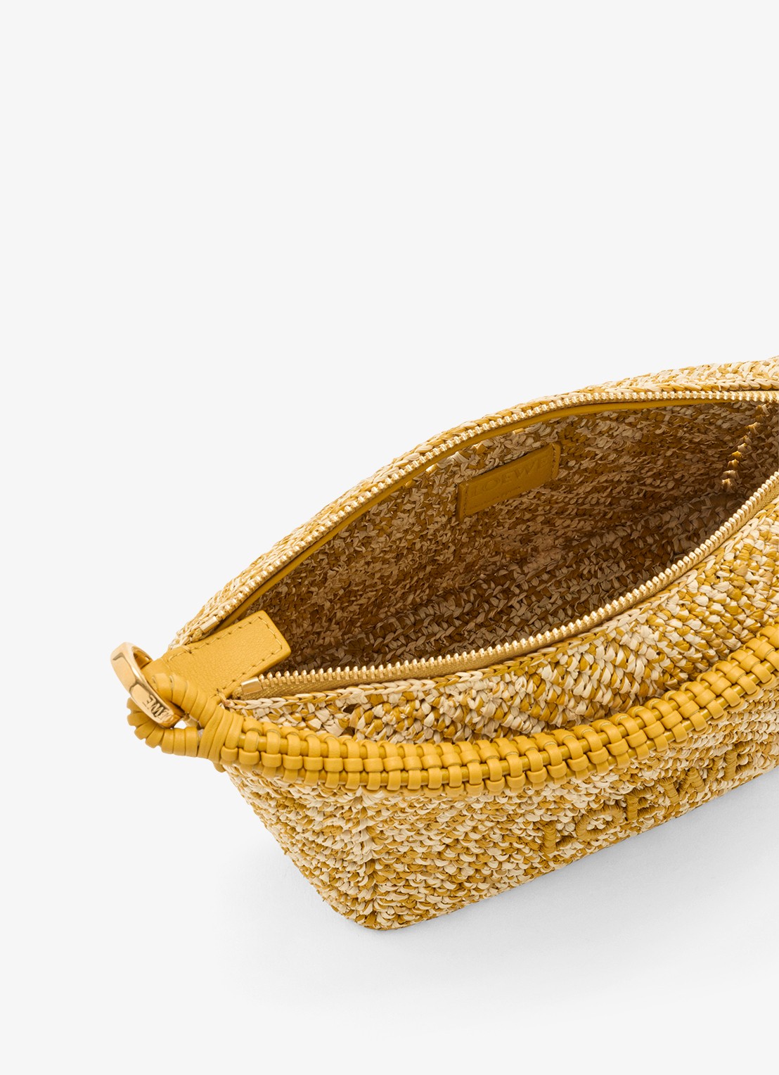 LOEWE Cala Mini handtas van raffia met kalfsleren details - detail 3 mosterd