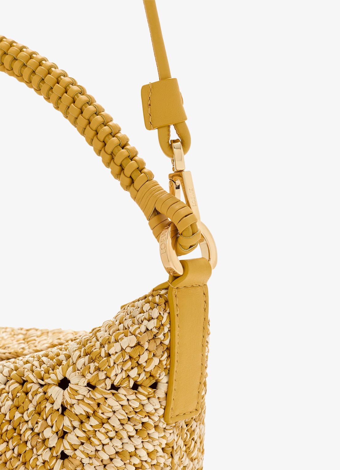 LOEWE Cala Mini handtas van raffia met kalfsleren details - detail 5 mosterd