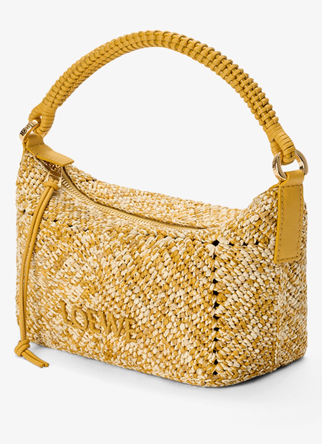 LOEWE Cala Mini handtas van raffia met kalfsleren details - voorkant 7 mosterd