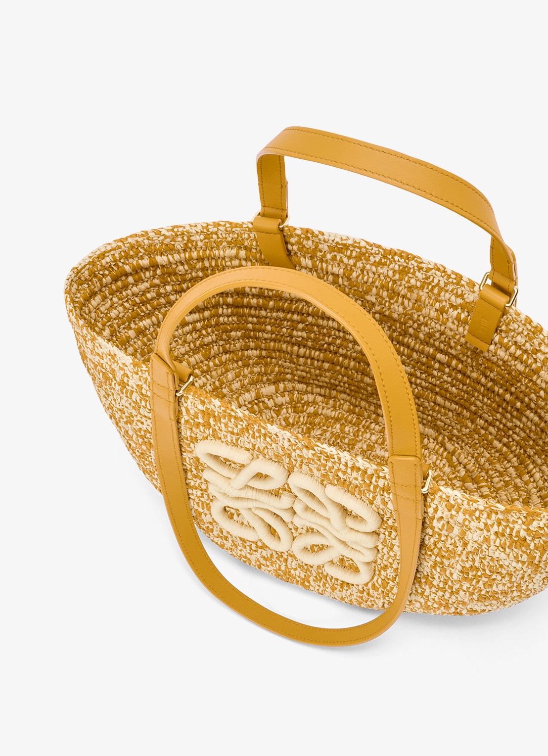 LOEWE Eclipse Medium shopper van raffia met logo - detail 5 mosterd