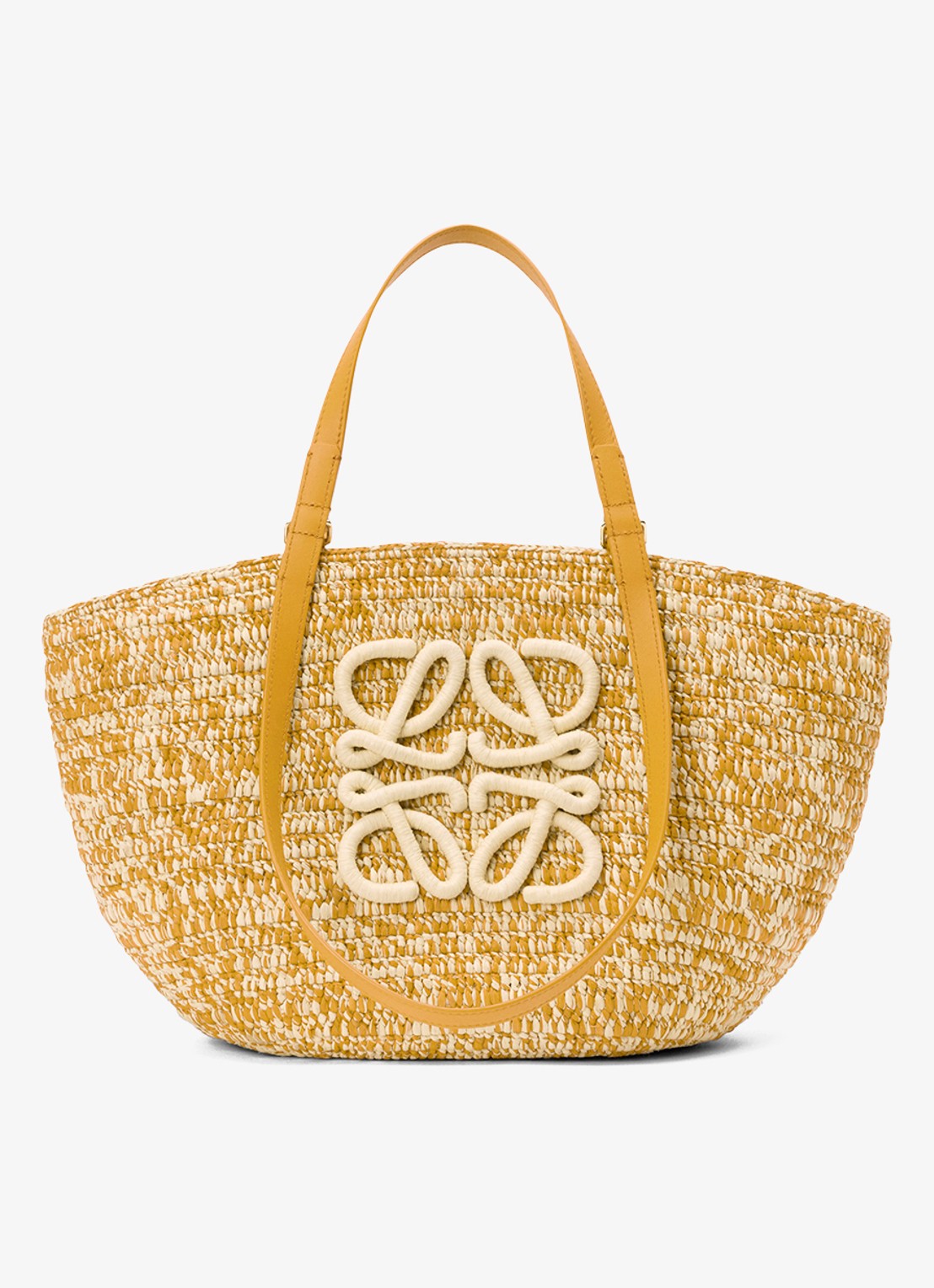 LOEWE Eclipse Medium shopper van raffia met logo - voorkant mosterd