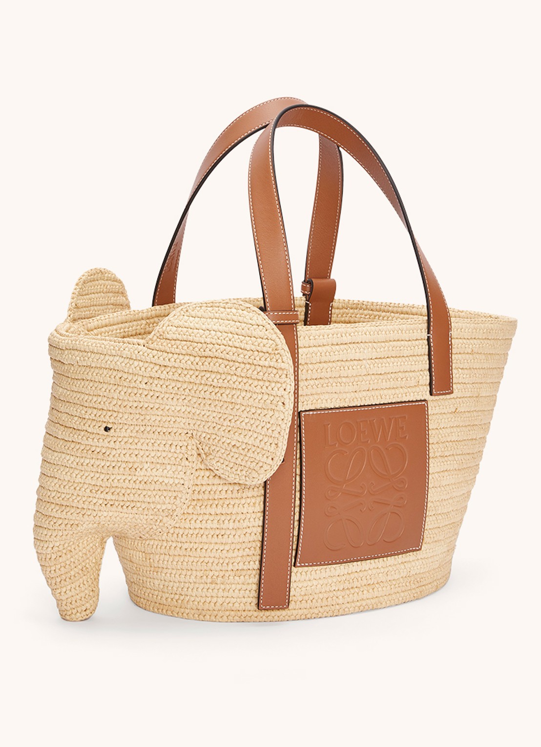 LOEWE Elephant handtas van raffia met kalfsleren details - voorkant 2 roestbruin