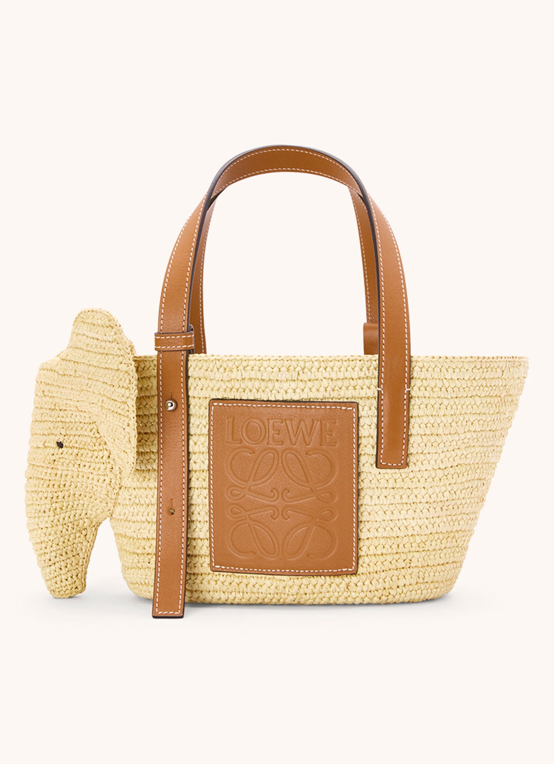 LOEWE Elephant Small handtas van raffia met kalfsleren details - voorkant roestbruin