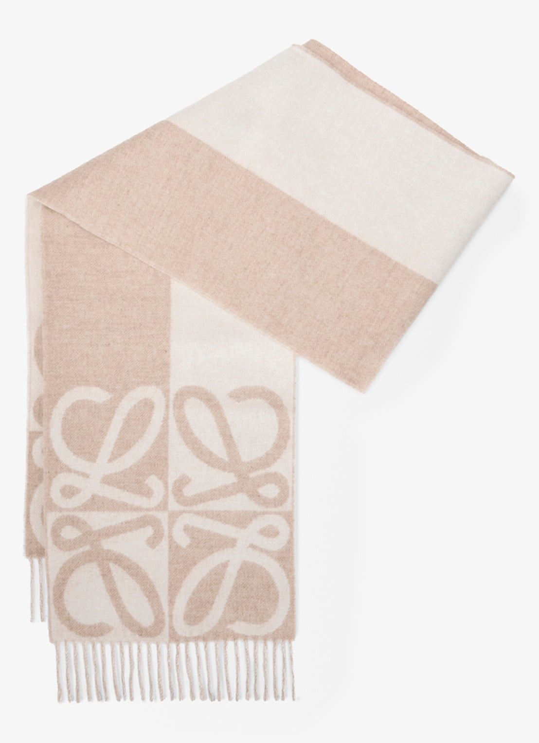 LOEWE Fijngebreide sjaal in kasjmierblend met logo 180 x 28 cm - voorkant beige
