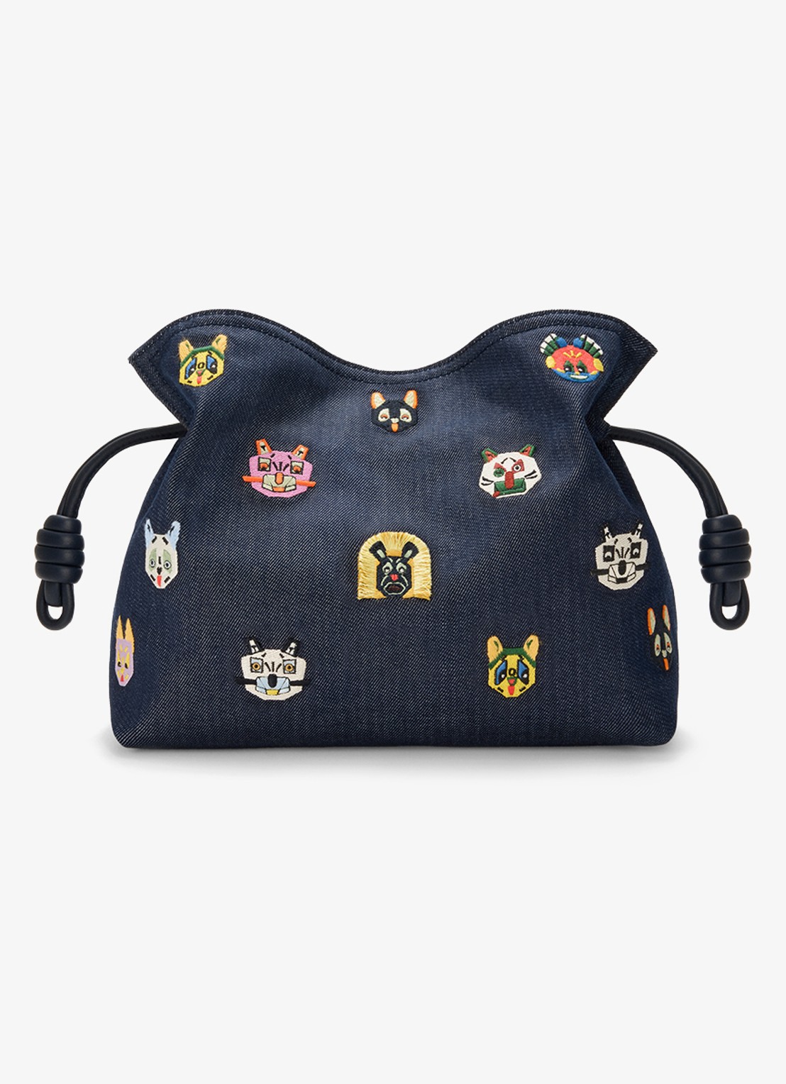 LOEWE Flamenco Cats M clutch van denim met kalfsleren details - achterkant donkerblauw