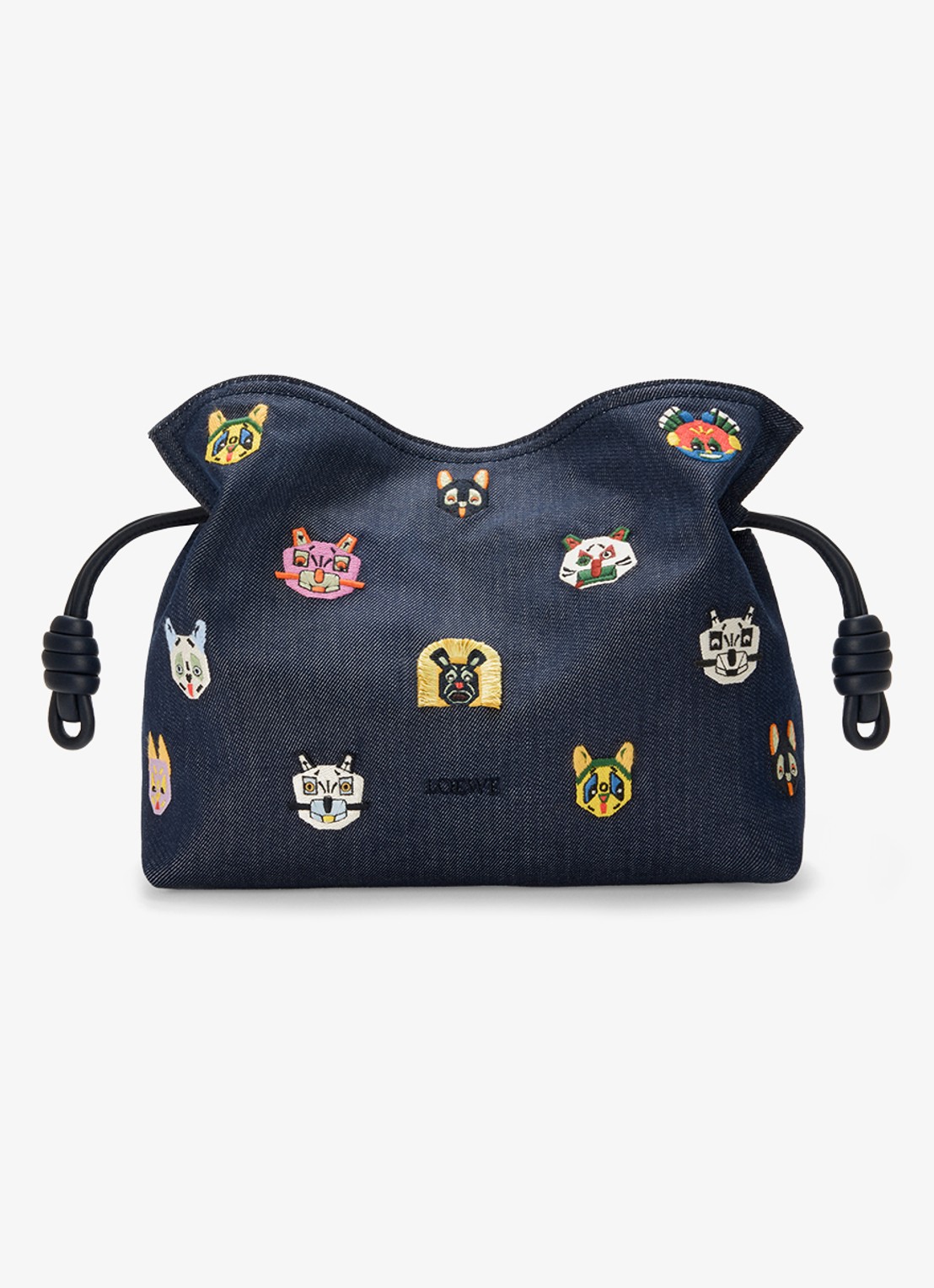 LOEWE Flamenco Cats M clutch van denim met kalfsleren details - voorkant 2 donkerblauw