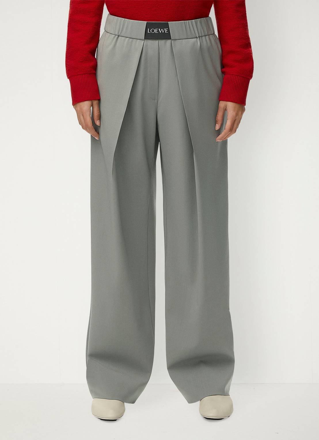 LOEWE High waist wide fit pantalon in wolblend met logo - detail 4 grijs